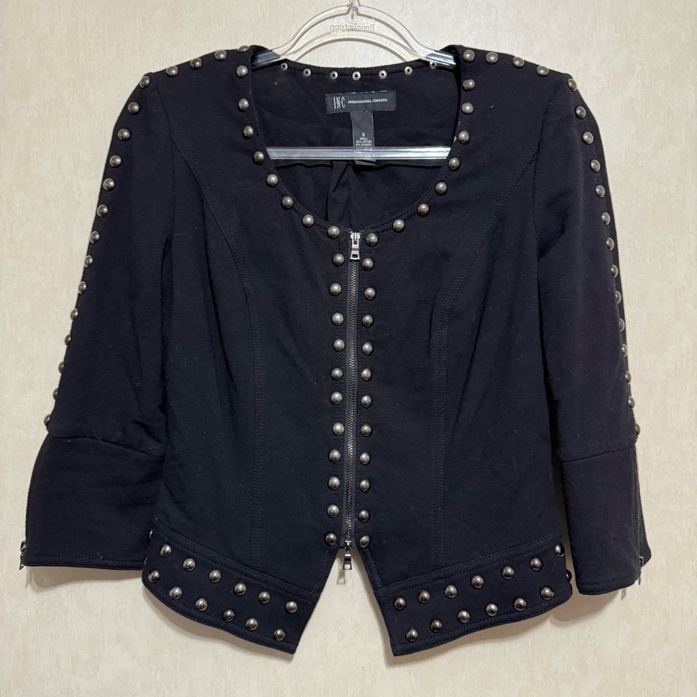 INC International Concepts Black Studded 3/4 Sleeve Zip Up Jacket
